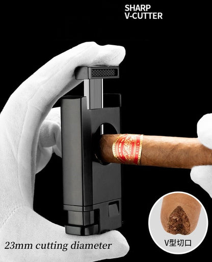 Torch Lighter with Cigar Cutter V Cut & Cigar Holder,