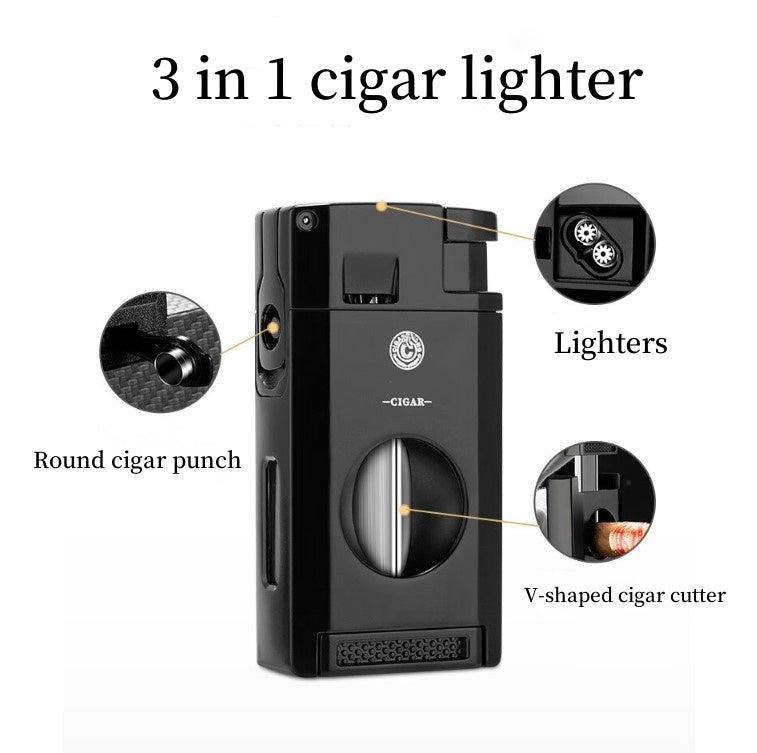 Torch Lighter with Cigar Cutter V Cut & Cigar Holder,